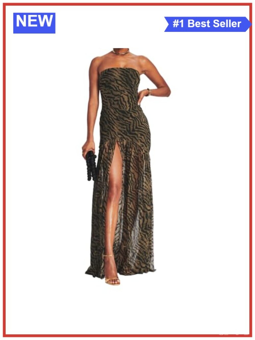 Sexy Strapless Tube Maxi Dress Tiger Print Sheer Mesh High Slit